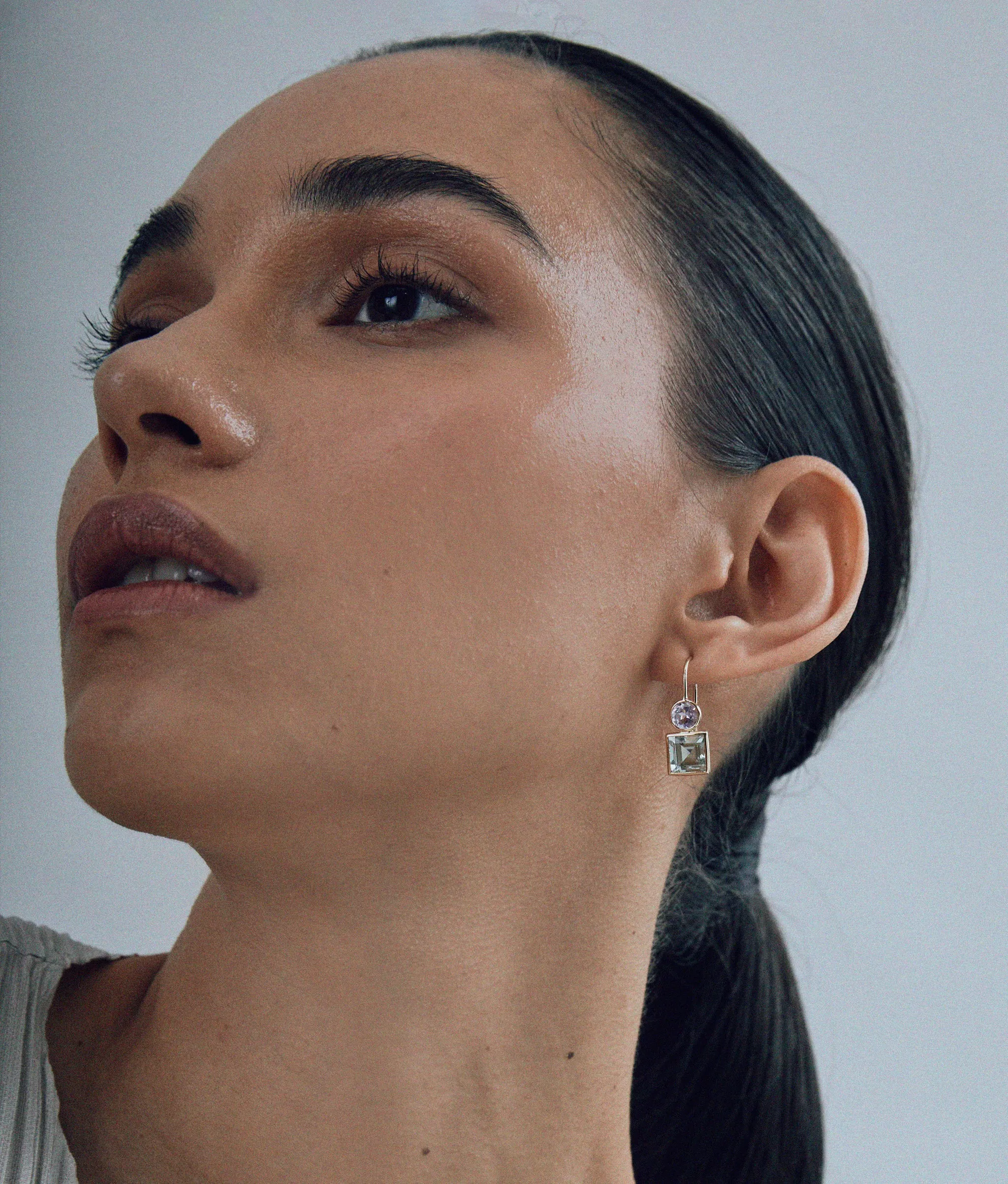 14k Gold Pastille Earrings in Amethyst and Green Amethyst