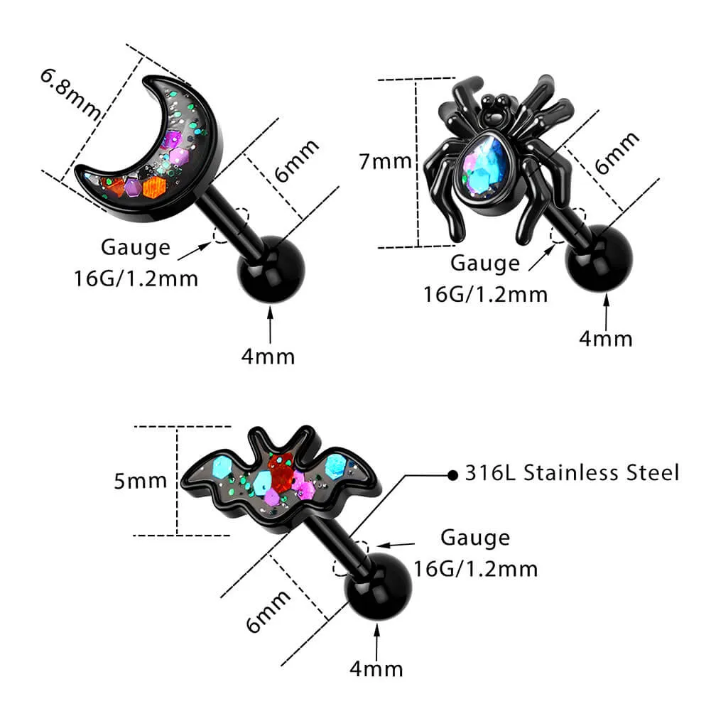 16G 3PCS Spider/ Bat/ Moon Cartilage Set