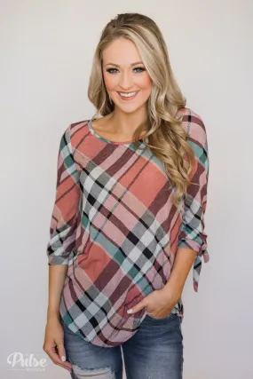 3/4 Tie Sleeve Plaid Top- Peachy Orange