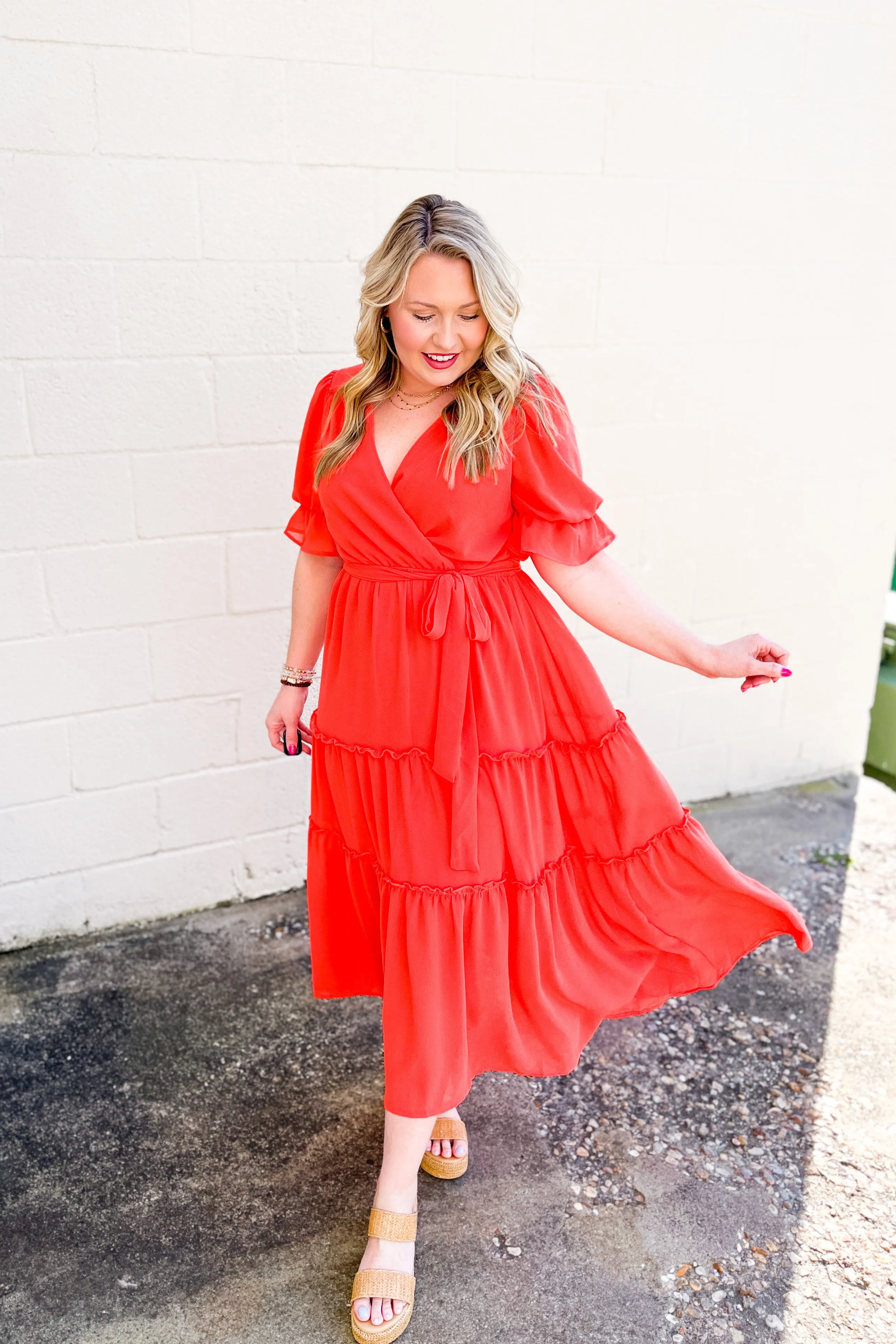 Absolutely Charmed Tiered Midi Dress, Deep Coral