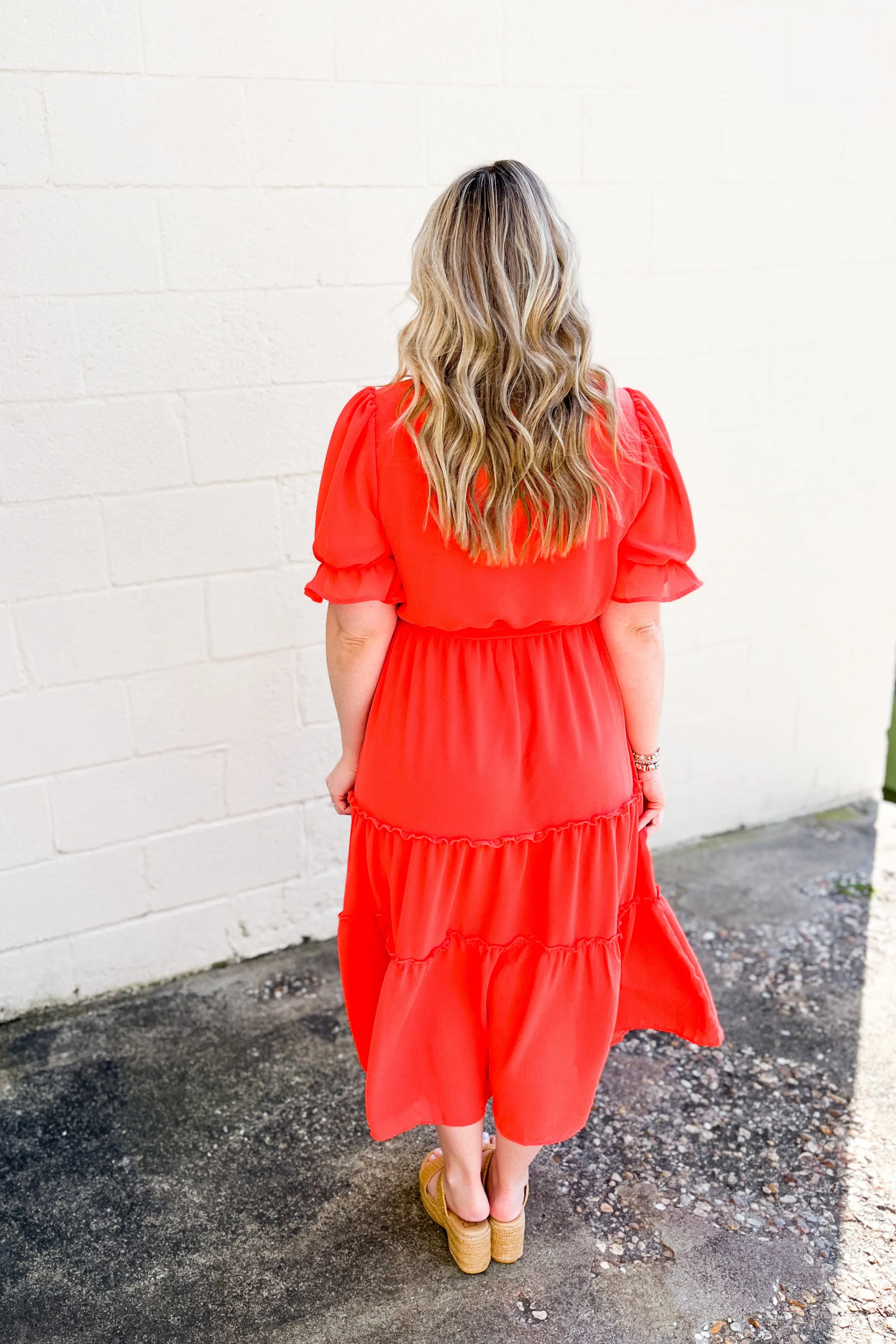 Absolutely Charmed Tiered Midi Dress, Deep Coral