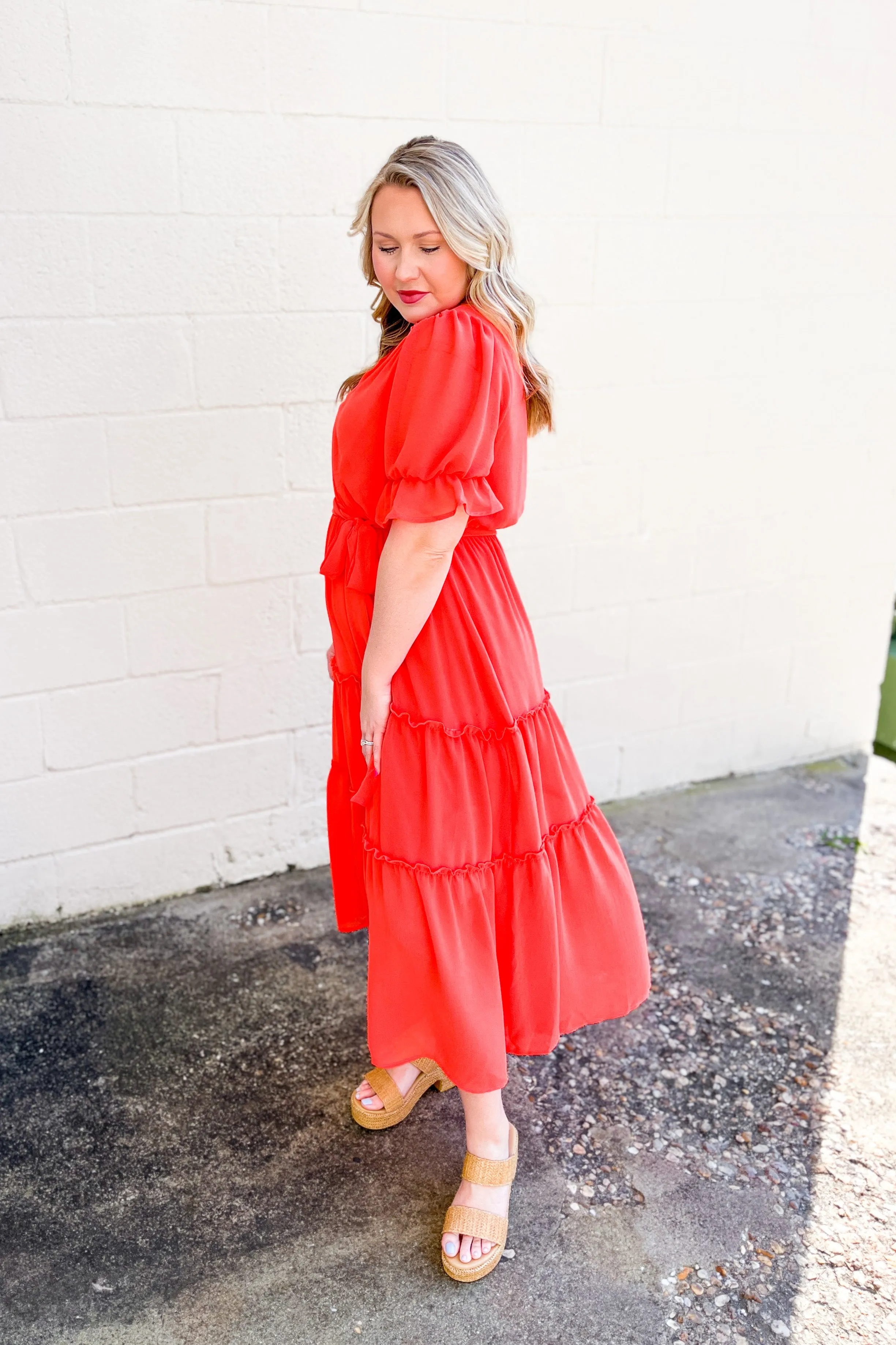 Absolutely Charmed Tiered Midi Dress, Deep Coral