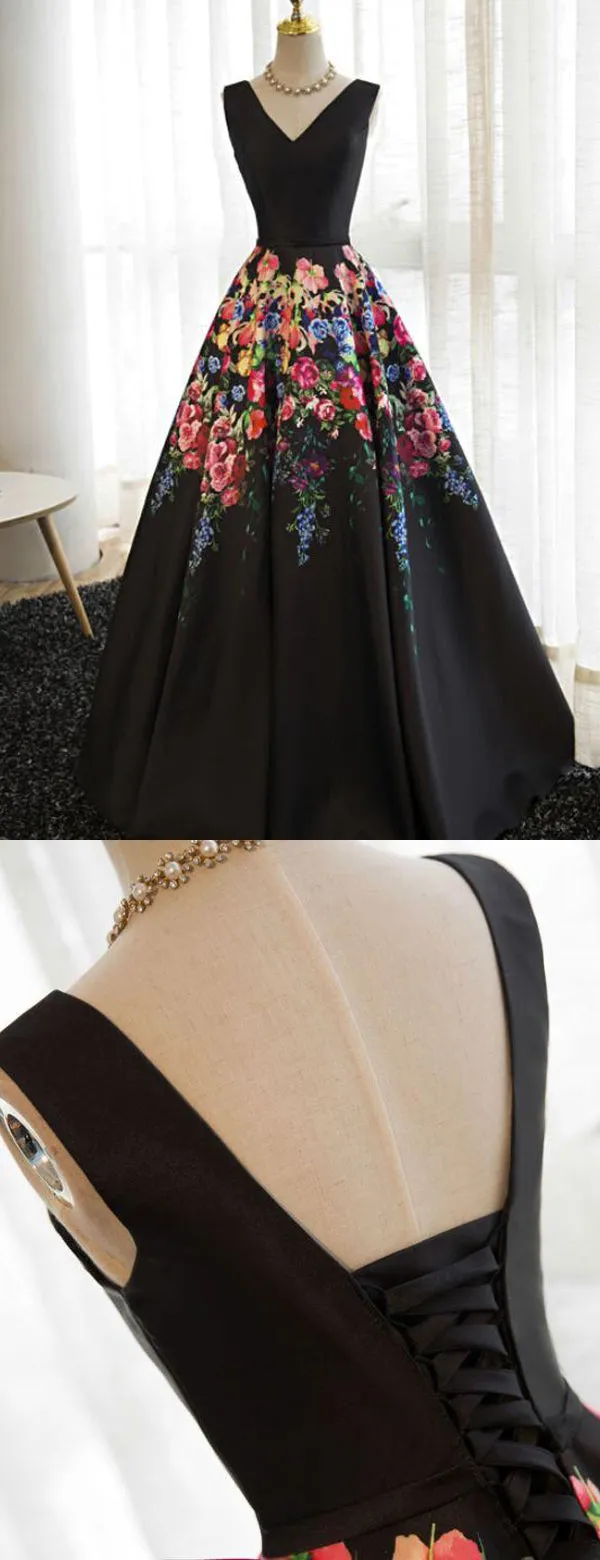 Black Satin Floral Prints Sleeveless Lace Up Back Prom Dresses,PD00295