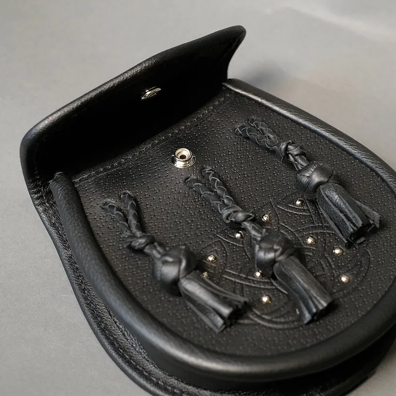 Black Studded Leather Day Sporran with Braided Tassels