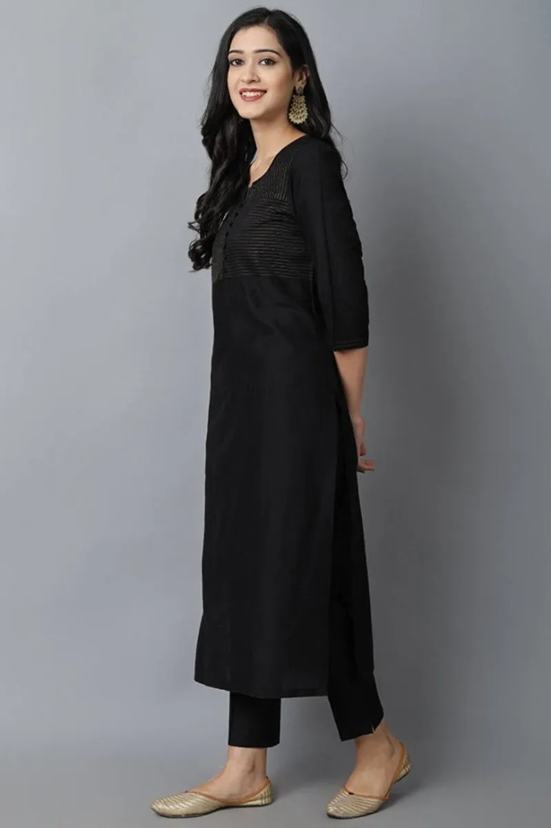 Black Textured Silk Sonapani Kurta & Pants Set