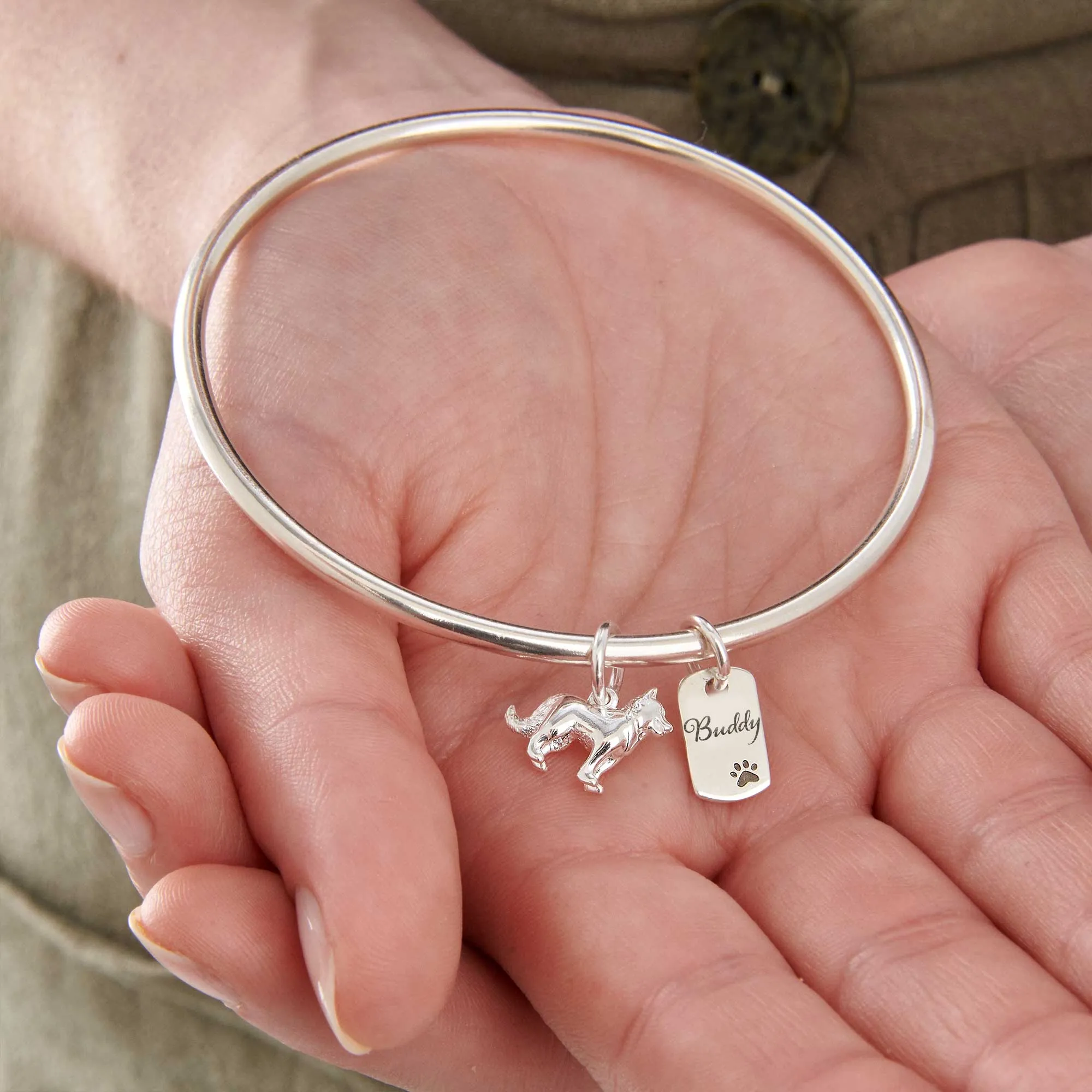 Border Collie Personalised Dog Tag Silver Bangle