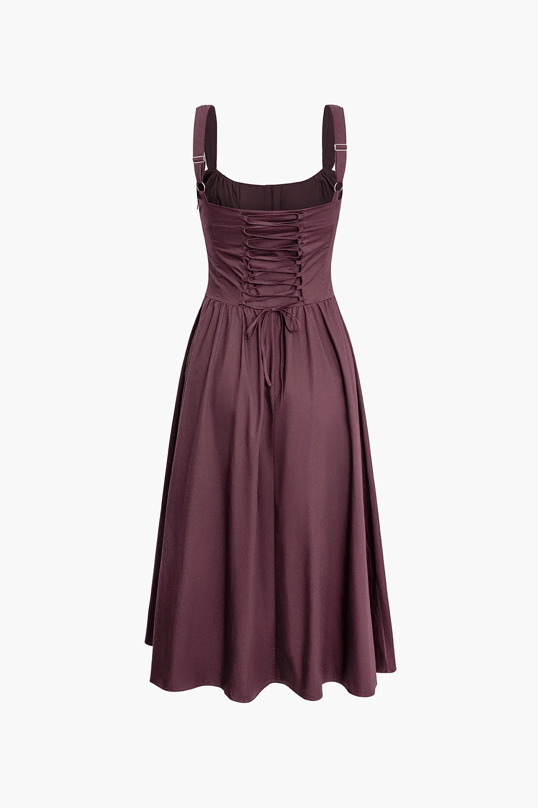 Braided Tie Ruched Button Up Sleeveless Midi Dress