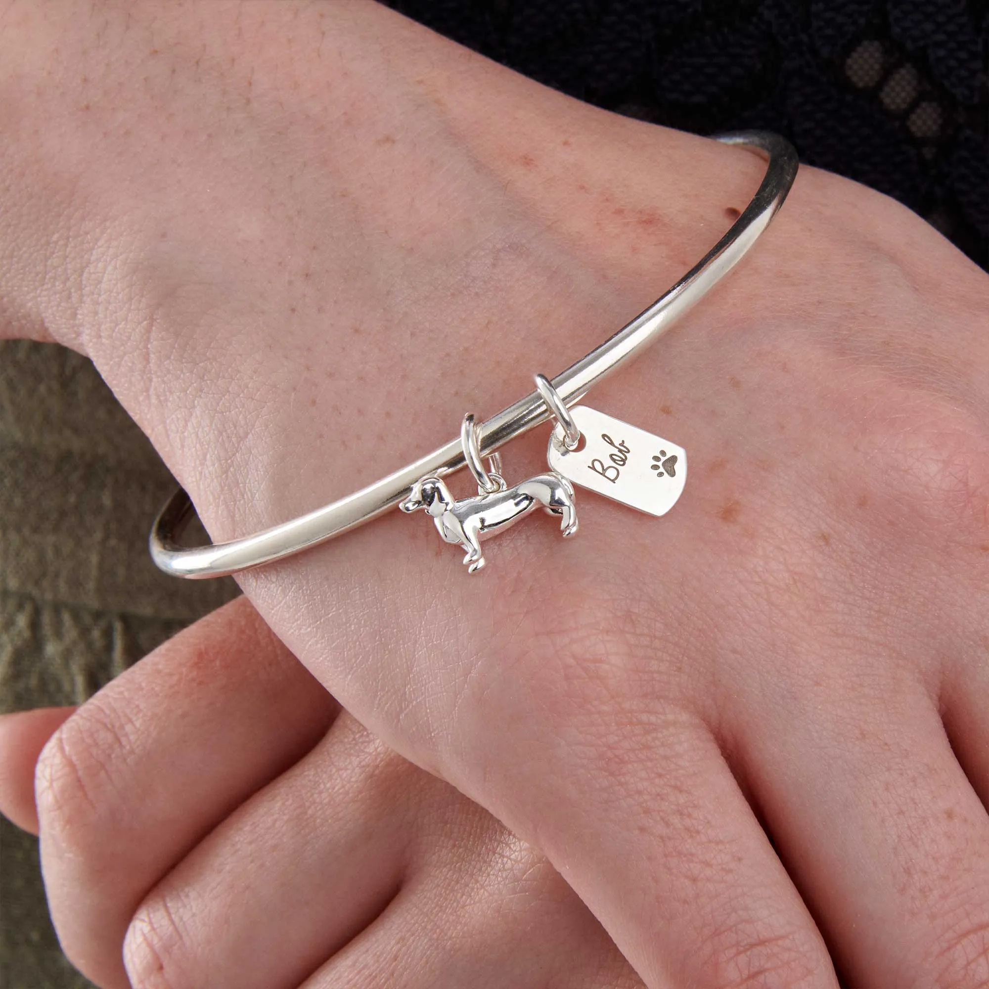 Dachshund Personalised Dog Tag Silver Bangle
