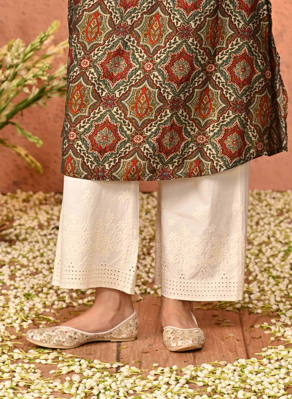 Embroidered Ivory Palazzo with Drawstring