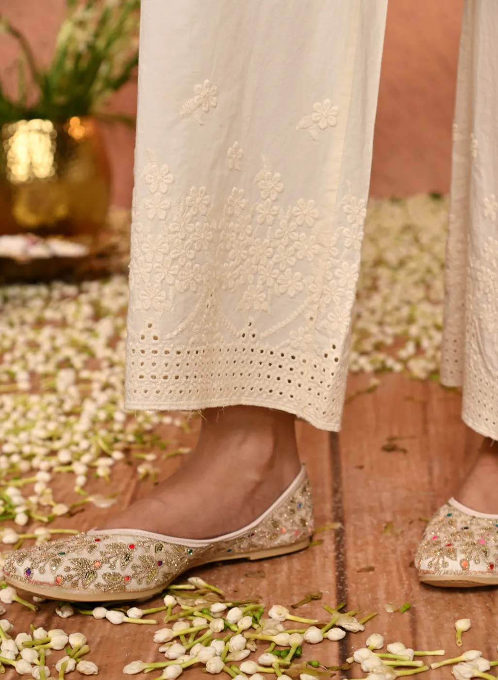 Embroidered Ivory Palazzo with Drawstring