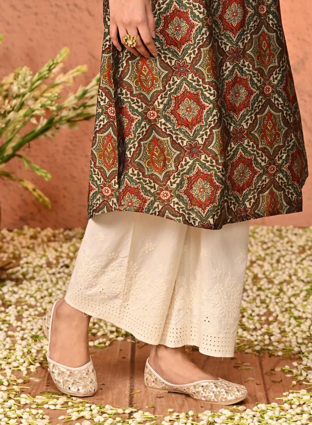 Embroidered Ivory Palazzo with Drawstring