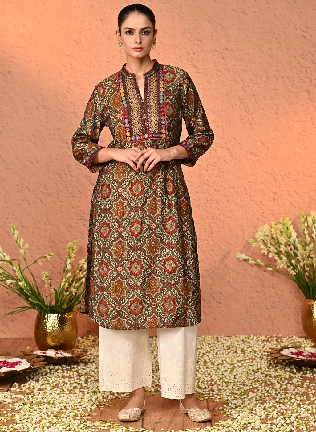 Embroidered Ivory Palazzo with Drawstring
