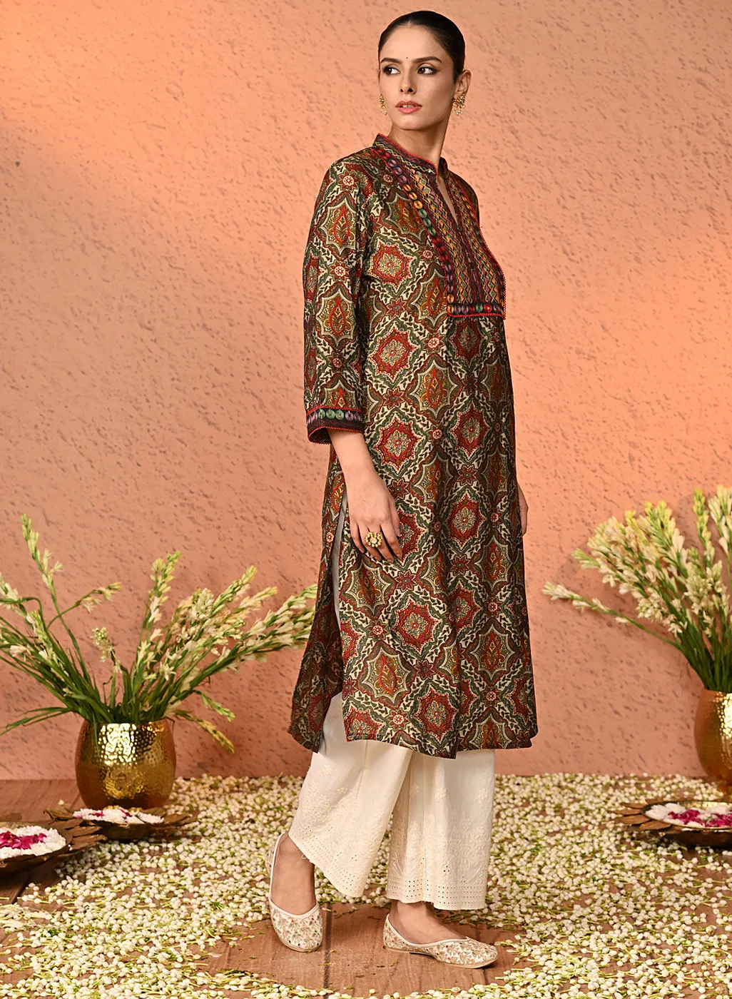 Embroidered Ivory Palazzo with Drawstring