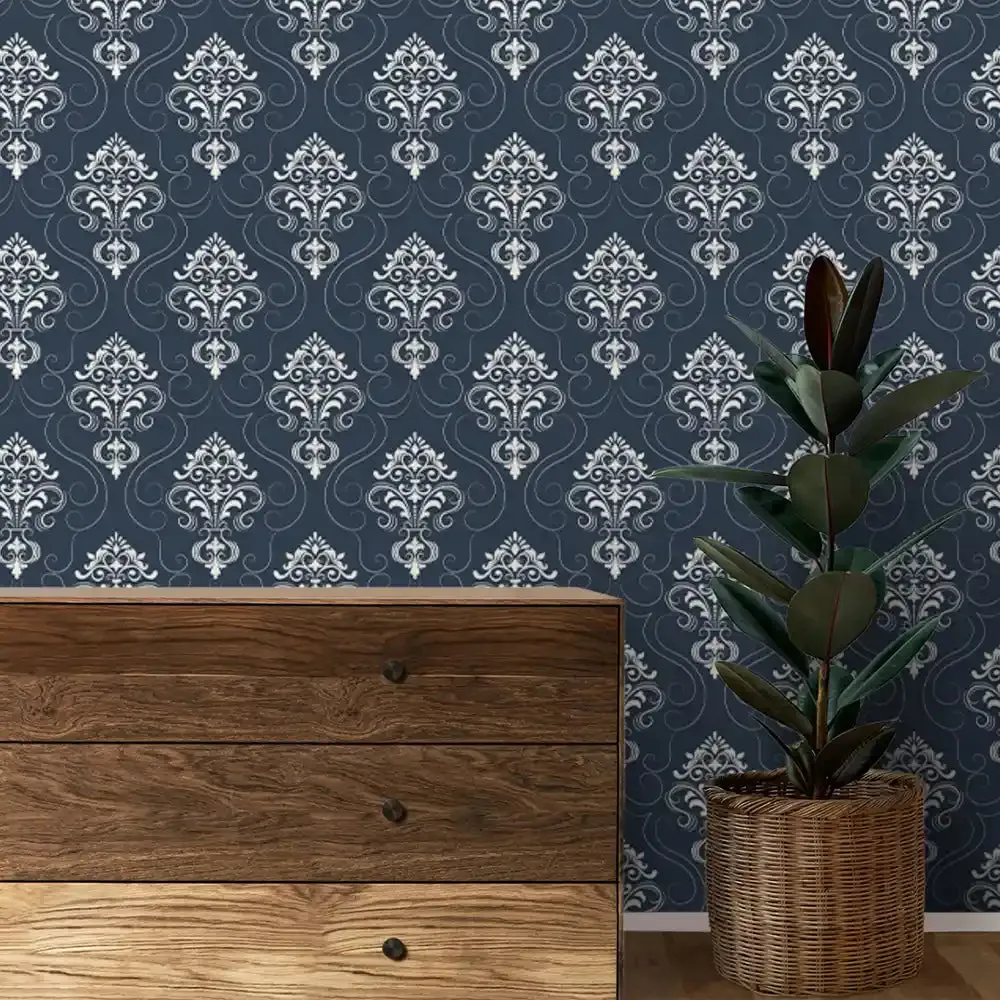 Falguni Damask Wallpaper Roll in Blue Color