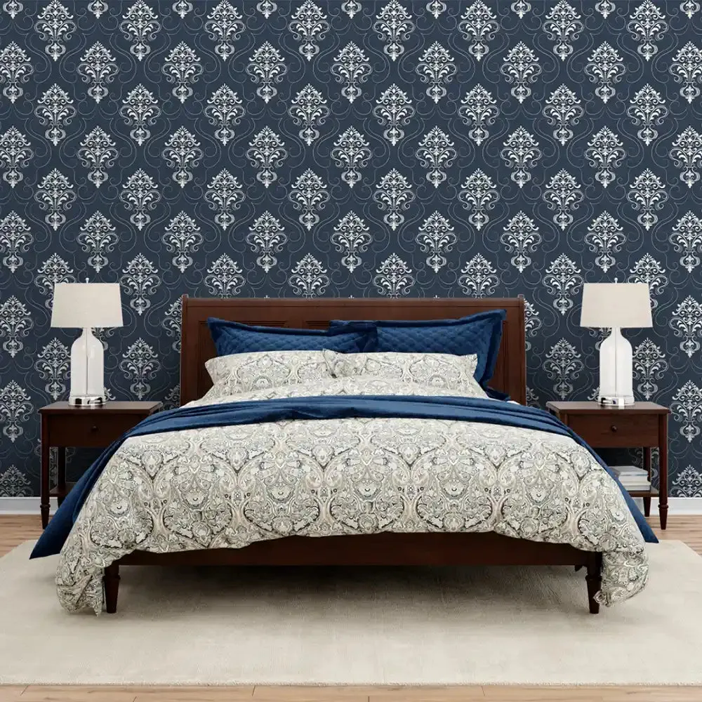 Falguni Damask Wallpaper Roll in Blue Color
