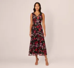 Floral Sequin Ankle Dress In Black Multi