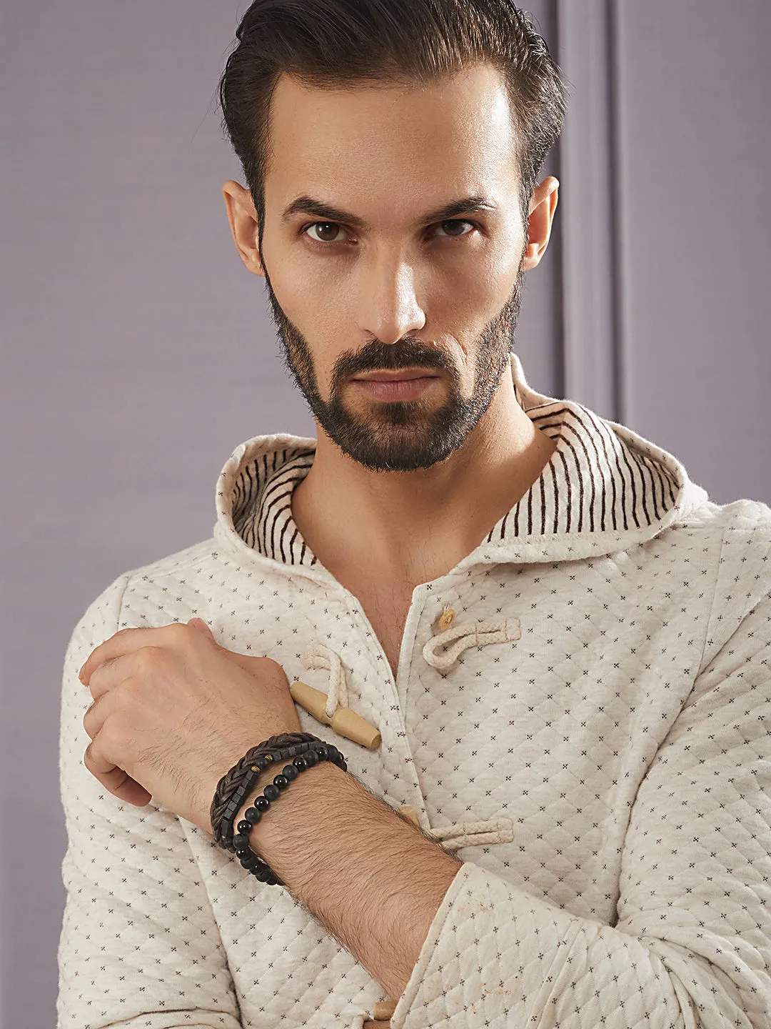 Jazz And Sizzle Men Set of 3 Brown Beads Elasticated & Handcrafted Bracelet