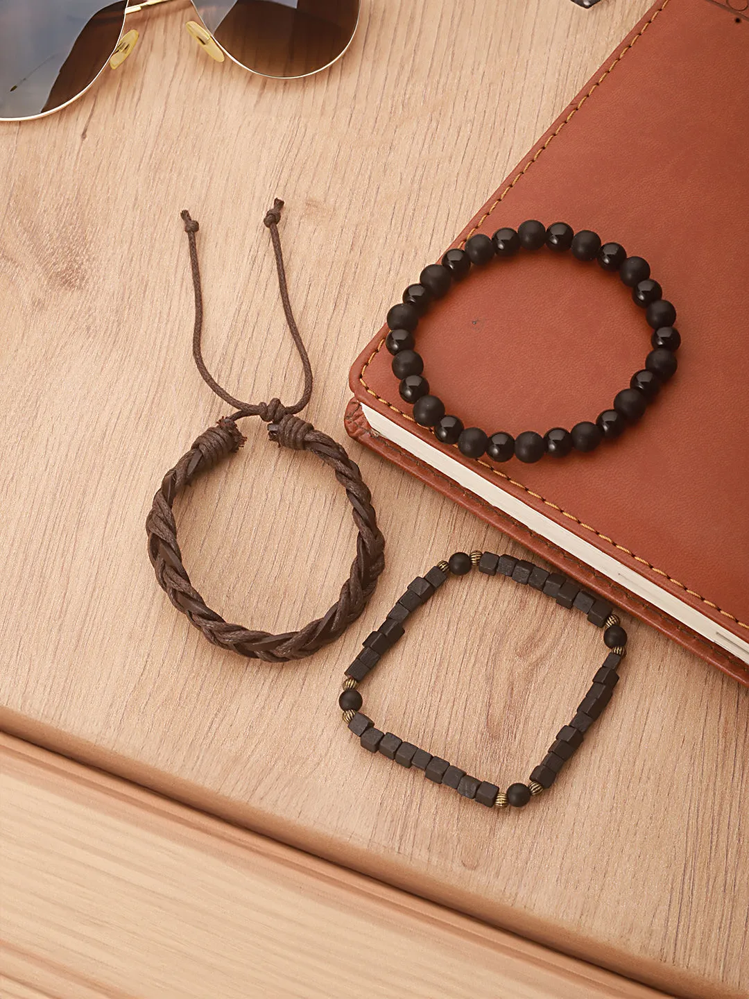 Jazz And Sizzle Men Set of 3 Brown Beads Elasticated & Handcrafted Bracelet