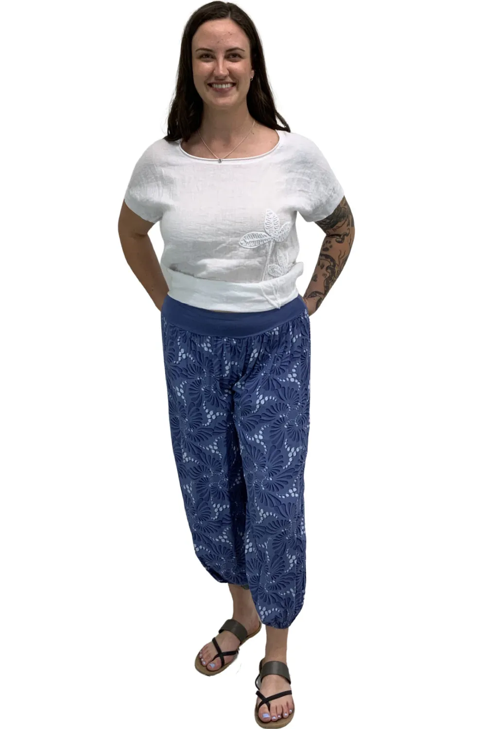Plum Loco Viscose Leaf Print Yogi Pant, Denim (ZV27669L)