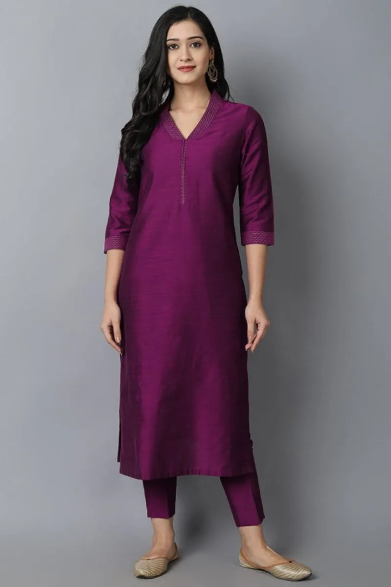 Purple Lapel Kurta and Pant Set