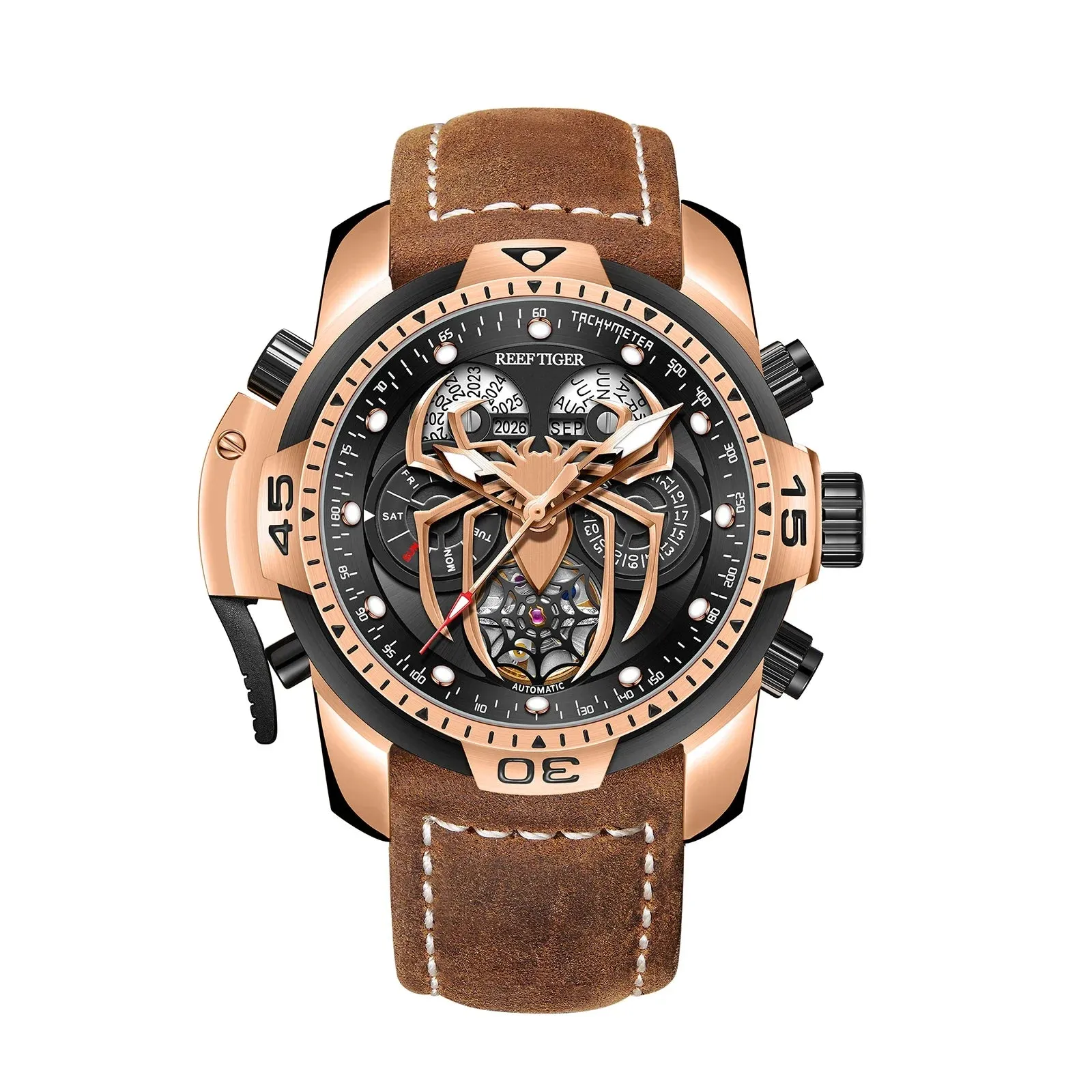 Reef Tiger/RT New Design Men's Sports Automatic Watch Spider Dial Years, Moon, Perpetual Calendar, Leather Watch, RGA3532SP
