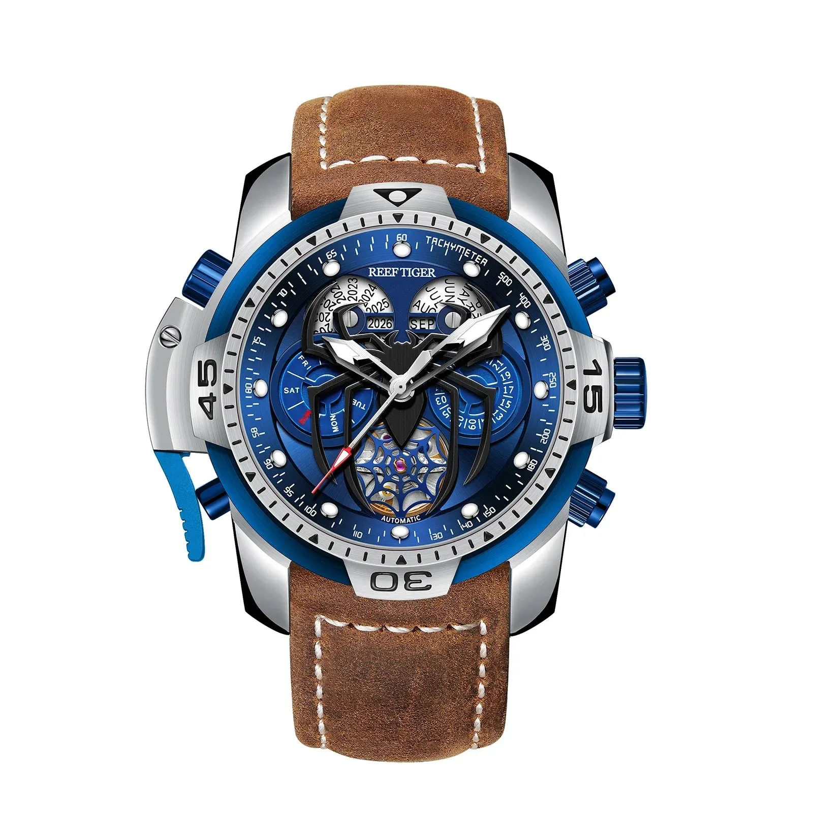 Reef Tiger/RT New Design Men's Sports Automatic Watch Spider Dial Years, Moon, Perpetual Calendar, Leather Watch, RGA3532SP