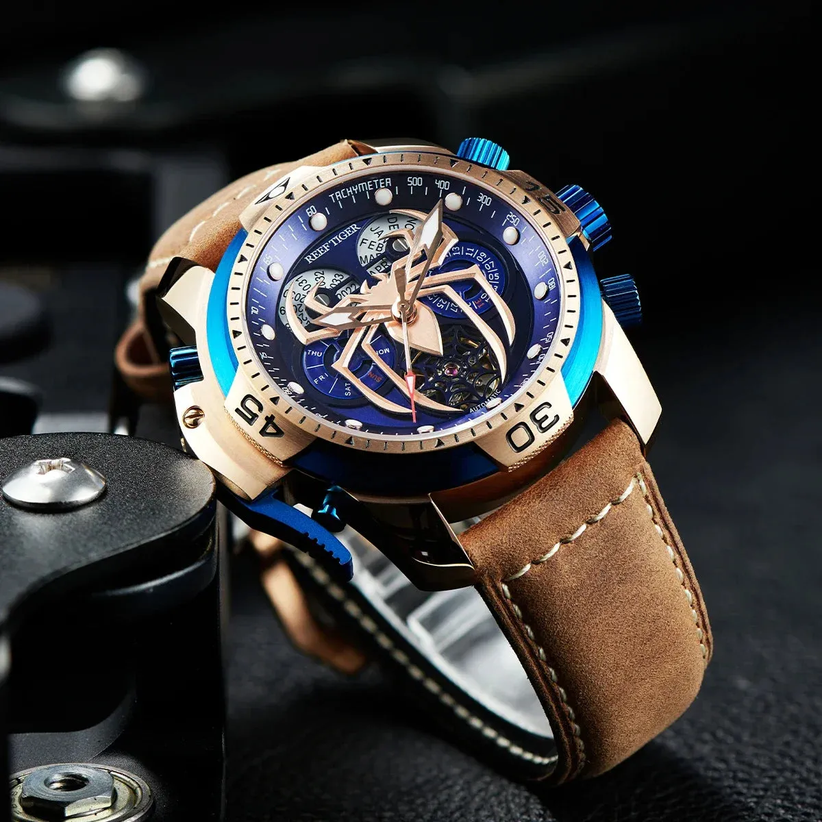 Reef Tiger/RT New Design Men's Sports Automatic Watch Spider Dial Years, Moon, Perpetual Calendar, Leather Watch, RGA3532SP