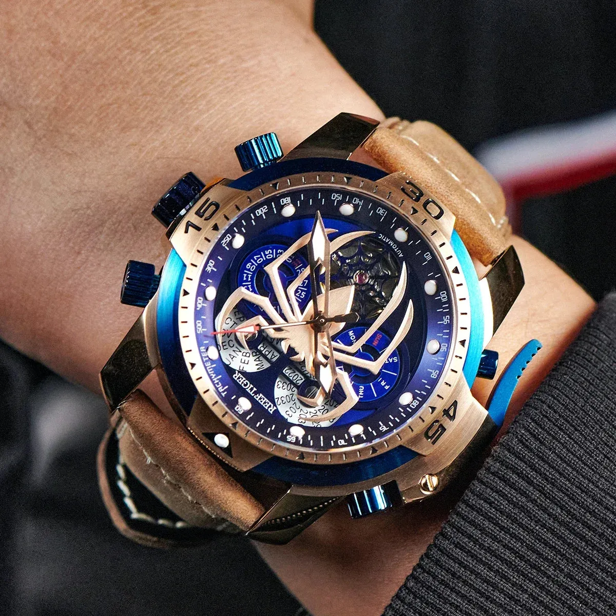 Reef Tiger/RT New Design Men's Sports Automatic Watch Spider Dial Years, Moon, Perpetual Calendar, Leather Watch, RGA3532SP