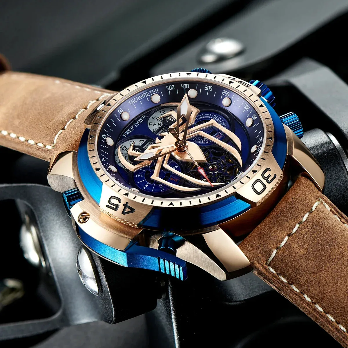 Reef Tiger/RT New Design Men's Sports Automatic Watch Spider Dial Years, Moon, Perpetual Calendar, Leather Watch, RGA3532SP