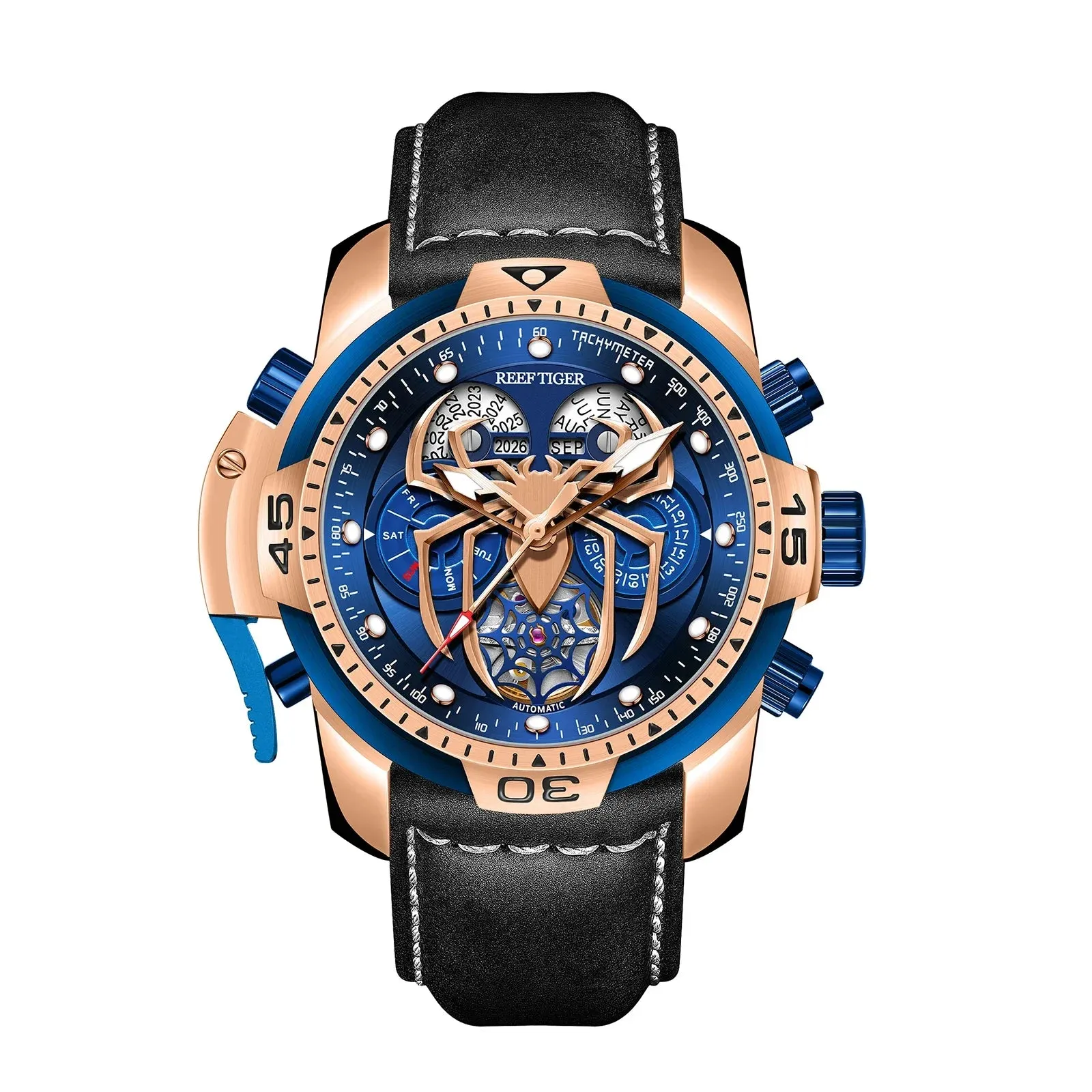 Reef Tiger/RT New Design Men's Sports Automatic Watch Spider Dial Years, Moon, Perpetual Calendar, Leather Watch, RGA3532SP