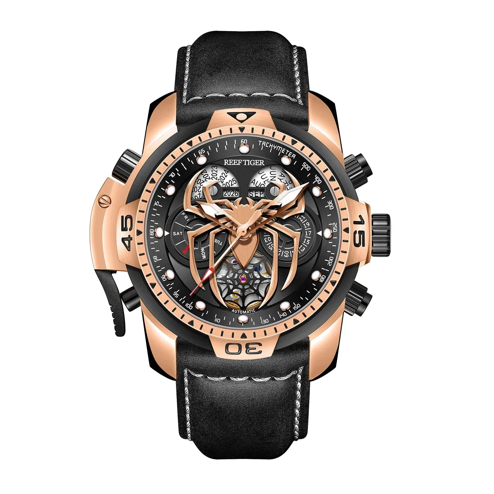 Reef Tiger/RT New Design Men's Sports Automatic Watch Spider Dial Years, Moon, Perpetual Calendar, Leather Watch, RGA3532SP