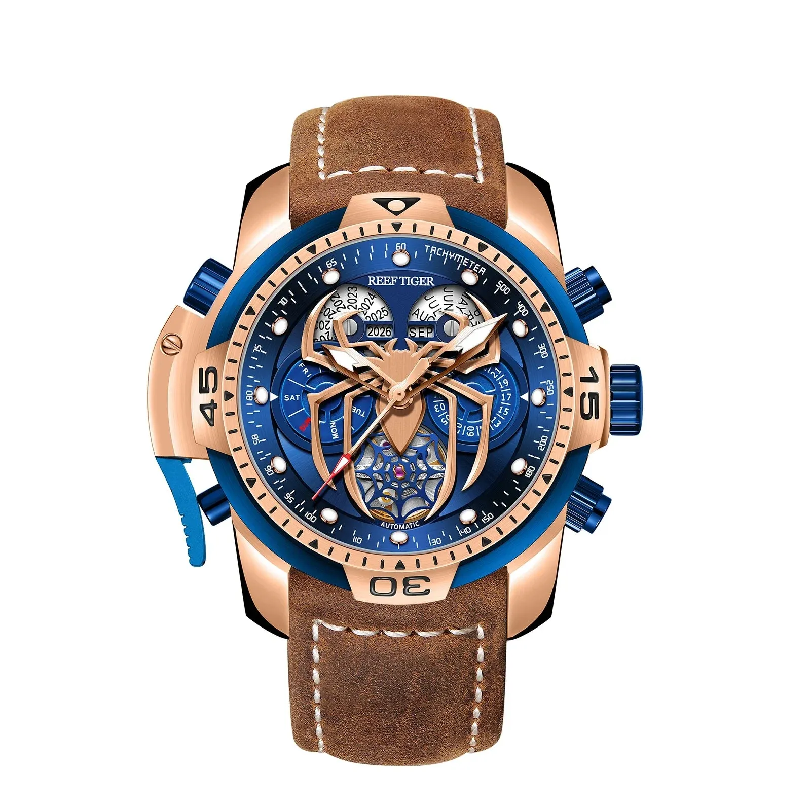 Reef Tiger/RT New Design Men's Sports Automatic Watch Spider Dial Years, Moon, Perpetual Calendar, Leather Watch, RGA3532SP